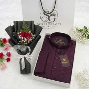 Premium Dark Purple Panjabi and Rose Luxury Gift Set