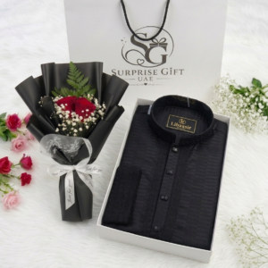 Premium Classic Black Panjabi & Rose Luxury Gift Set