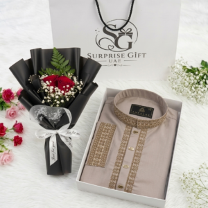 Premium Beige Embroidered Panjabi & Rose Luxury Gift Set