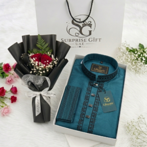 Premium Teal Panjabi & Rose Bouquet Luxury Gift Combo Set