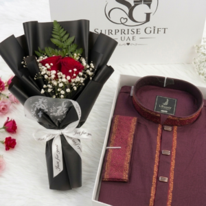 Premium Dark Purple Panjabi and Rose Luxury Gift Set