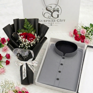 Premium Ash Grey Panjabi & Rose Bouquet Luxury Gift Combo Set