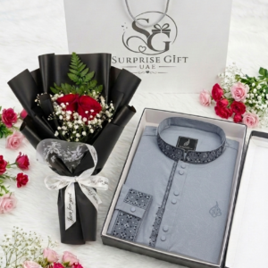 Premium Ash Grey Panjabi & Rose Bouquet Luxury Gift Combo Set
