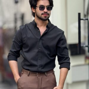 Premium Men's Casual Solid Black Linen-Blend Shirt